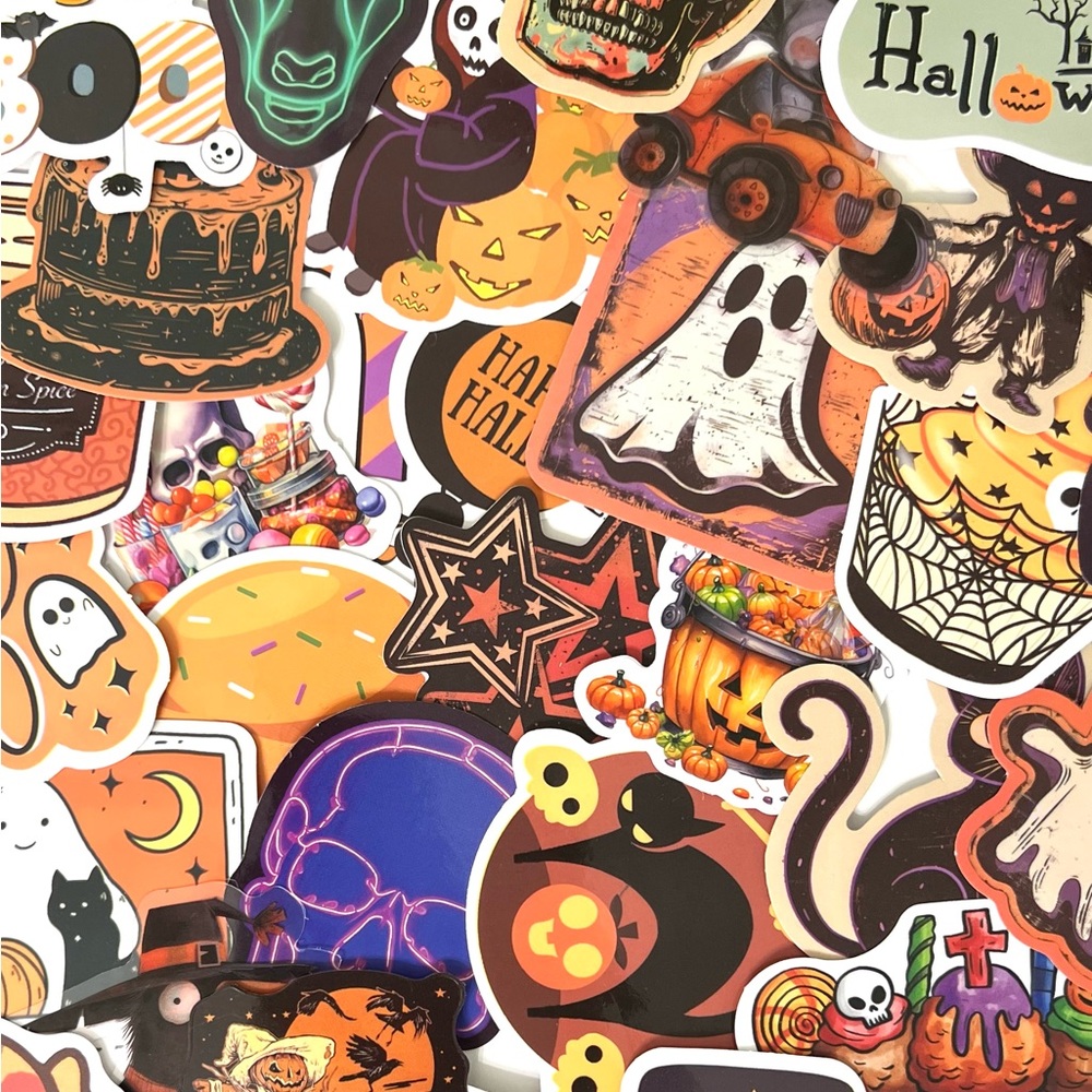 50pc Halloween Sticker Pack | Spooky Vinyl Stickers | Cute & Scary Mixed Designs